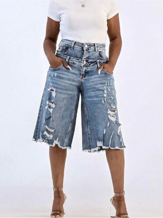 Pants - Distressed High-Waist Denim Bermuda Shorts - Light Blue